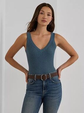 Lauren Ralph Lauren Blue Dusk Ribbed V-Neck Knit Tank, XL